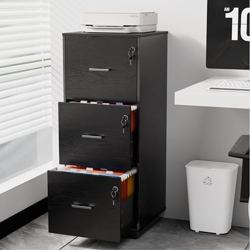 VINGLI 3 Drawer File Cabinet with Lock, Home Office Filing Organizer, for Letter Size File Folder Storage, Wood Tall Vertical Filing Cabinet, Printer Stand, Archivador (Black) - Image 2