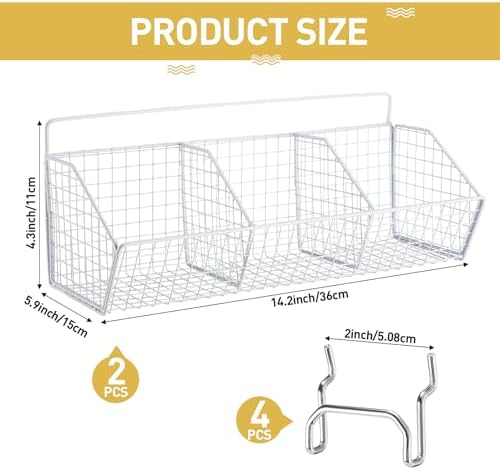 Suzile 2 Pcs Metal Garage Baskets Set with 4 Pegboard Hooks - Wall Mount Storage for Workbench, Bathroom Accessories - 3 Grid (White) - Image 2