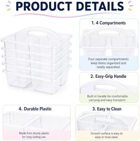 gisgfim 6 Pack Plastic Classroom Caddy with 4-Compartments Plastic Storage Caddies with Handle 4 Compartments Table Caddy Organizer Versatile Table Caddies for Classroom Office, Clear Color - Image 3