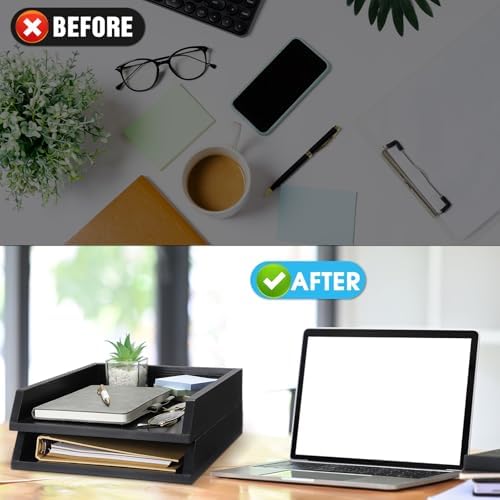 DoubleFill 2 Pcs Wooden Letter Tray 2 Tier Letter-Size Desk Tray, Black - Image 5