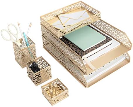 BLU MONACO | Gold Desk Organizer Set for Women 6 Piece | Mail Sorter Organizer Countertop with Letter Sorter for Desk | Steel Desktop Organizer with Mesh Pen Holders by Blu_Monaco