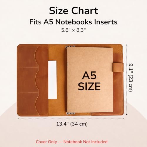 Genuine Leather Journal Cover A5 – Refillable Notebook Organizer with 3 Elastic Bands, Card Slots, Pen Holder & Interior Pockets, Fits 5.8" x 8.3" Notebooks (Paper Not Included), Warm Brown - Image 3