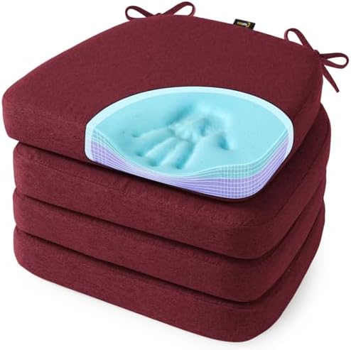 SUNROX Cooling Gel Memory Foam Chair Cushions, 2.6" Thick U-Shaped Dual-Layer Comfort Dining Chair Pads, Non Slip Seat Cushion with Ties for Indoor Kitchen Office 17"x16" Set of 4, Burgundy by SUNROX