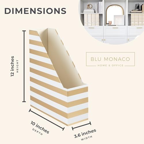 BLU MONACO | Cardboard Magazine File Holder Set of 4 Gold White Stripes | Vertical Magazine File Holder with Label Slots | Standing File Holder and Cardboard Bins for Shelves Desk Classroom - Image 7