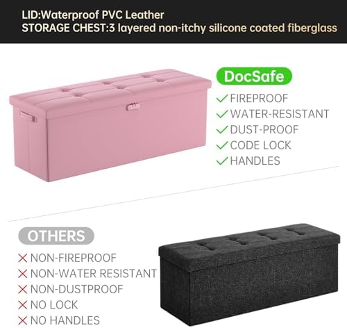DocSafe Storage Ottoman Bench, Fireproof＆Waterproof Folding Bench with Lock(15”x 43”x15”), Leather Storage Chest with Handles＆2 Extra Boxes, Ottoman Safe for Bedroom,Living Room,Home Office, Pink - Image 6