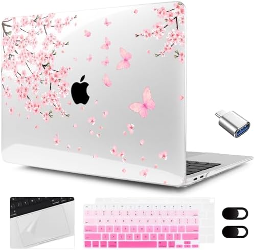MEEgoodo for MacBook Air 13.3 inch Case 2021 2020 2019 2018 A2337 M1 A2179 A1932, Laptop Shell with Keyboard Webcam Cover & Trackpad Film & Type C Adapter for MacBook Air M1, Cherry Blossoms by MEEgoodo