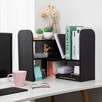 Desktop Adjustable Natural Wood Book Shelf Organizer Office Storage Rack Display Stand Caddy Set Expandable Desk Organizer (Black) - Image 2