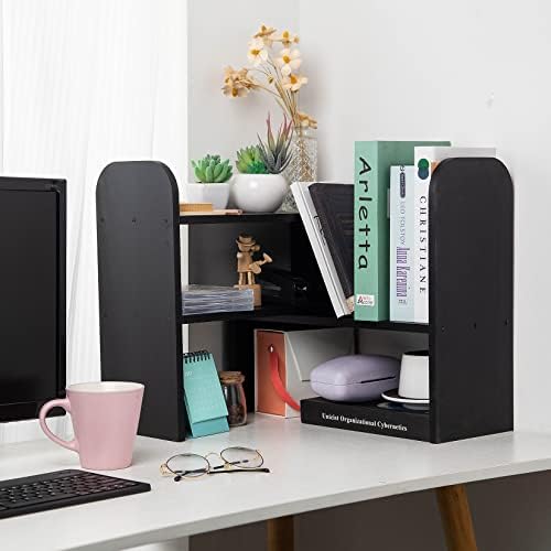 Desktop Adjustable Natural Wood Book Shelf Organizer Office Storage Rack Display Stand Caddy Set Expandable Desk Organizer (Black) - Image 2