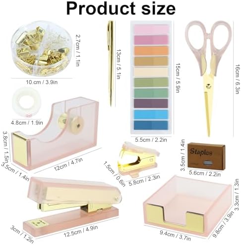 MultiBey Pink Gold Acrylic Sticky Notes Holder Stapler and Tape Dispenser Cutter with Sticky Notes, 950 Staples & Tape, Staple Remover, Scissor, Ballpoint Pen, Paper Clips Set for Women Office Home - Image 5