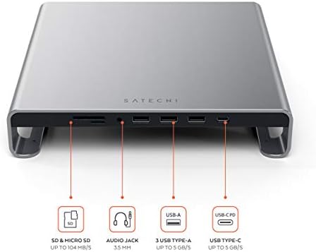 SATECHI Type-C Aluminum Monitor Stand Hub with USB-C Data, USB 3.0, Micro/SD Card Slots & 3.5mm Headphone Jack - for Apple Studio Display, iMac, iMac Pro (Space Grey) - Image 2