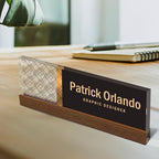 Artblox Personalized Office Desk Name Plate and Business Card Holder | Clear Acrylic Glass with Teak Wood Stand | Abstract Net Design Customized with Your Name and Credentials Office Desk Décor - Image 2