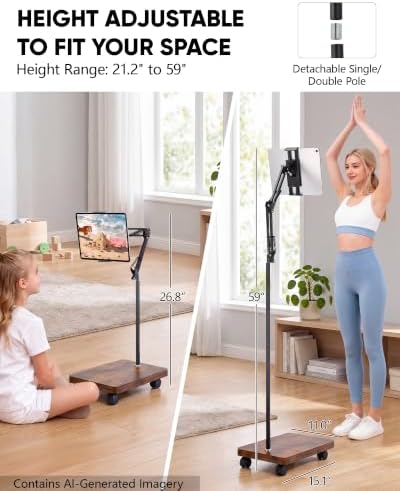HULISEN Tablet Floor Stand with Wheels, Rolling Stand with 5lb Wood Base - Image 4
