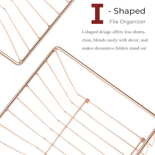 Y YOMA 1 Pack Rose Gold Desktop Hanging File Organizer | 12 Pack Rose Gold Hanging File Folders with Tabs & Insert | Letter Size Metal File Kit for Desk Home Office, I Shaped - Image 2