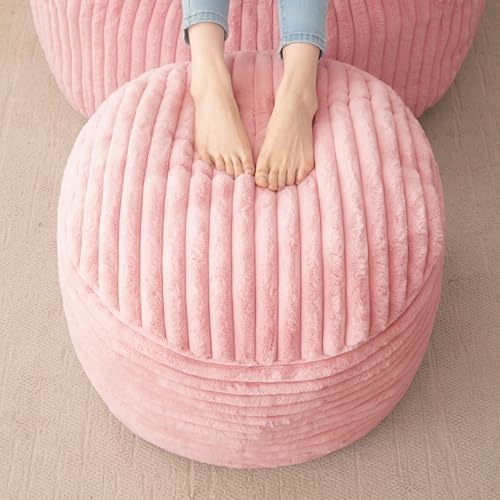 HIGOGOGO Round Stuffed Pouf Ottoman, Stripe Faux Fur Poufs with Foam Chunk Filling, Furry and Fluffy Pouf Foot Stool Storage Ottoman, 20 X 15 Floor Poufs Foot Rest for Living Room, Pink by HIGOGOGO