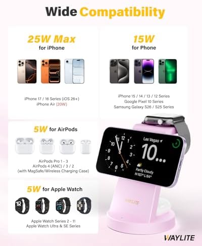 3 in 1 Fast Charging Station for iPhone, 25W Wireless Magnetic Phone Charger for iPhone 17 16e 16 15 14 13 12 Serise, Watch Charger Stand, Wireless Charging Station for AirPods 4 3 Pro, Pink - Image 3