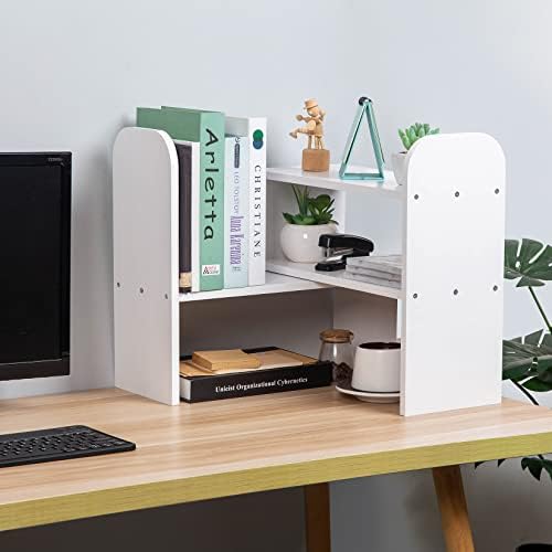 Desktop Adjustable Natural Wood Book Shelf Organizer Office Storage Rack Display Stand Caddy Set Expandable Desk Organizer (White) - Image 4