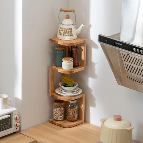 Corner Shelf Stand Desk Organizer,26.8" H Rubberwood Brown Rack for Small Spaces, Bedroom,Home Office,Kitchen,Bathroom (Natural, 4 Tier) - Image 4