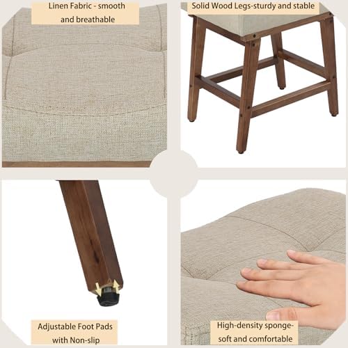 Vanity Stool, Saddle Seat Vanity Stool Chair with Wood Legs, Small Square Linen Makeup Chairs for Vanity, Modern Makeup Bench Under Desk for Living Room, Bedroom, Ottoman Foot Rest Stools, Linen Beige - Image 5