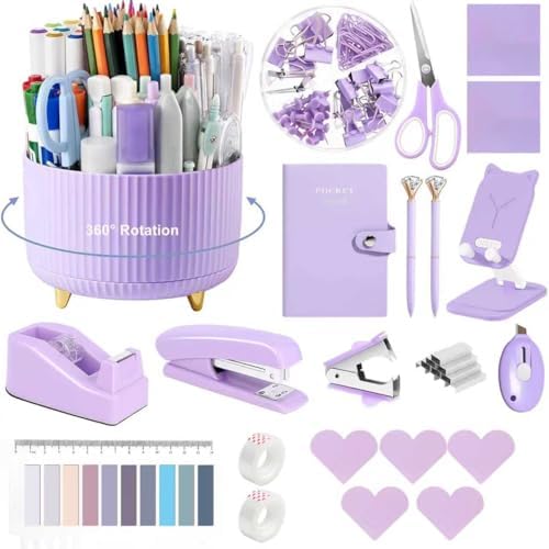 Office Supplies,Purple Desk Accessories,Desk Organizer,Stapler,Tape Dispenser,Folding Phone Stand,Scissors,Notebook,Staple Remover,Staples,Clear Tape,Sticky Notes,Clips,Cool Pen,Bookmark,Ect.22pcs by suniya