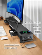 meatanty Dual Monitor Stand Riser with 2 Drawers,4 USB Ports and Charging Pad,Metal Monitor Stand for 2 Monitors Supports Transfer Data and Charging,Desk Organizer for PC,iMac(38.7 inches) - Image 4