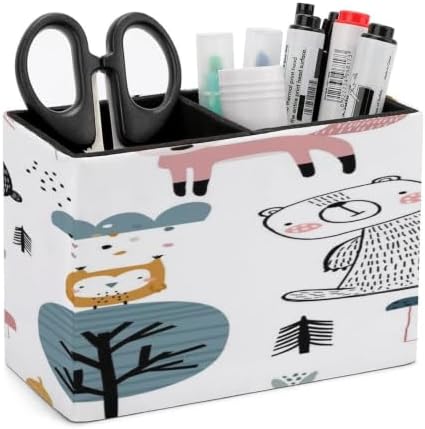 PU Leather Multi-Compartment Pen Holder Desktop Organizer Pencil Cup Storage Caddy for Office Home Supplies Woodland Cute Bear Hedgehog Owl Fox And Hand Drawn by Unknown