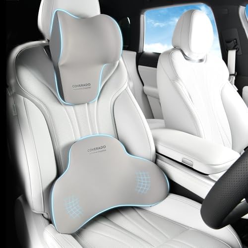 Coverado Lumbar Support Pillow and Car Neck Pillow, Ergonomic Memory Foam Desk Chair Cushion and Headrest Pillow for Car Office Chair, Sciatica & Neck & Tailbone Pain Relief Cushion-Black&Gray by COVERADOAUTO