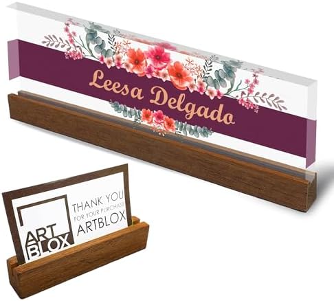 Artblox Personalized Office Desk Name Plate and Business Card Holder | Clear Acrylic Glass with Teak Wood Stand | Wild Flowers Design Customized with Your Name and Credentials Office Desk Decor by Artblox