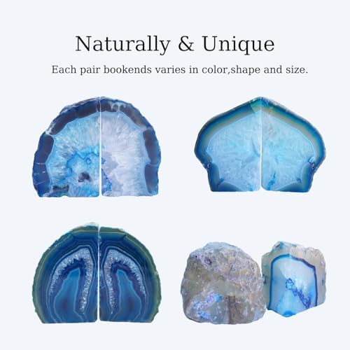 Natural Blue Dyed Agate Geode Bookends - 3 to 4 lb Heavy Duty Rock Crystal Stone Book Ends for Shelves, with Rubber Bumpers, Decorative Book Holders for Home Office - Image 5