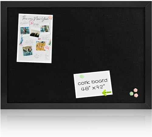 Black Cork Board Bulletin Board with Linen, Wood Framed 48" x 32" Corkboard, Office Board for Wall Decor, Wall Mounted Pin Board Picture Board with 20 Pushpins for School, Home & Office by Justdowhatyouwanttodo