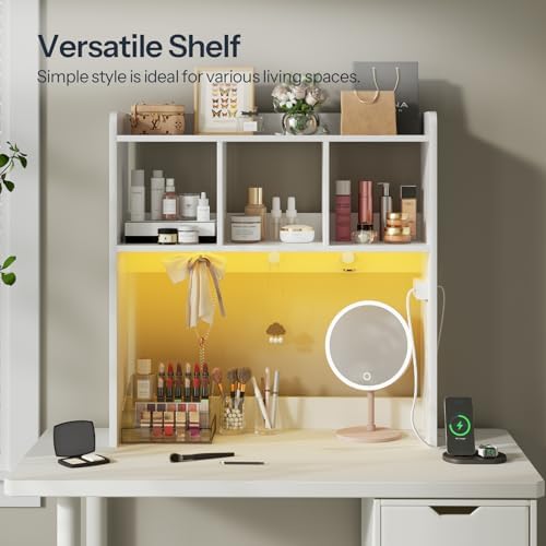 HOOBRO Desktop Bookshelf, Office Desktop Shelf, Desk Hutch with Outlets, Wooden Office Desktop Bookcase, Desktop Organizer Shelf with LED Light Strip and 3 Hooks, for Home, Study, White WT12UDSJ01 - Image 7