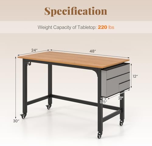 GIANTEX 48" Rolling Computer Desk, Mobile Study Writing Desk with Wheels, Storage Bag & 2 Hanging Hooks, Simple Style Home Office Work Bench, PC Workstation for Study, Bedroom (Natural) - Image 3