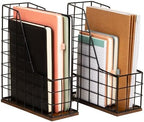 Mind Reader Vertical File Organizer with Wood Base and Black Metal Frame, Desktop Magazine Holder, Modern File Rack, Metal and Wood, Black by MindReader