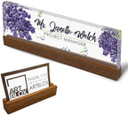 Artblox Personalized Office Desk Name Plate and Business Card Holder | Clear Acrylic Glass with Teak Wood Stand | Lavender Flowers Design Customized with Your Name and Credentials Office Desk Décor by Artblox