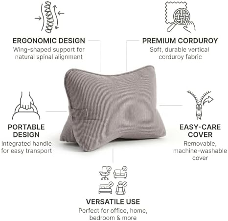 Pat. Pend. Corduroy Lumbar Support Pillow for Watching TV, Reading & Gaming, Triangle Cushion for Sofa, Armchair, Couch or Bed, Removable Washable Cover, Light Gray - Image 3