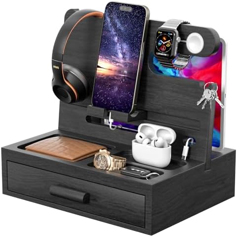 melafa365 Nightstand Organizer for Men,Phone Docking Station with Cable Management,Night Stand with Drawer,Bedside Organizer for Watches,Keys,Wallets,Gifts for Men（Black） by Qualityproductsqualityservice