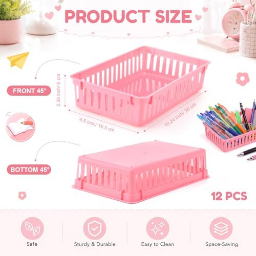 Wenqik Set of 12 Small Plastic Baskets for Organizing, Pink - Image 2
