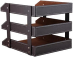 KINGFOM Letter Tray, Leather Paper Organizer Tray, Wooden Desk File Holder, Desktop File, Stackable Magazine Holder, Mail Sorter, Great for Home or Office - 3 Level Brown - Image 5