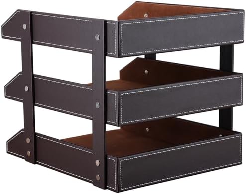 KINGFOM Letter Tray, Leather Paper Organizer Tray, Wooden Desk File Holder, Desktop File, Stackable Magazine Holder, Mail Sorter, Great for Home or Office - 3 Level Brown - Image 5