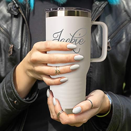 The Wedding Party Store Personalized 20 oz Stainless Steel Powder Coated Vacuum Insulated Double Walled Travel Tumbler Coffee Mug with Handle and Lid (White) - Image 2