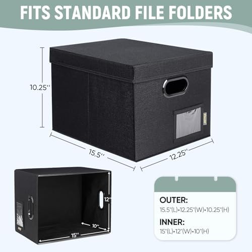 BALEINE File Organizer Box with Lid, Collapsible File Folder Organizer with Plastic Slide, Filing Box for Office Home Document Organizer Storage (Black, 2PK) - Image 4