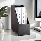 KINGFOM Wooden Leatherette Desktop File Folder Organizer and Document File Stand Journals Magazine Rack 2 Slots (black) - Image 2