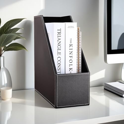 KINGFOM Wooden Leatherette Desktop File Folder Organizer and Document File Stand Journals Magazine Rack 2 Slots (black) - Image 2