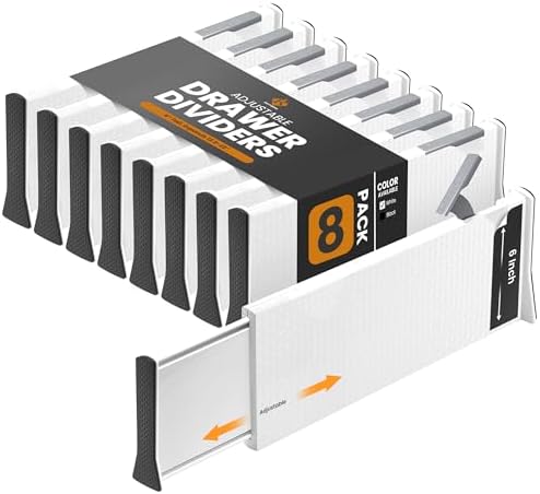 RAPTUROUS White Expandable Drawer Dividers (6" Tall, 13"-22" Long, 8 Pack - White) by Rapturous