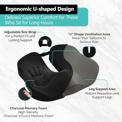 Seat Cushion - High-Density Charcoal Memory Foam Office Chair Cushion with Adjustable Strap & Washable Non-Slip Cover | Supports Sitting Posture for Office, Car & Home - Image 2