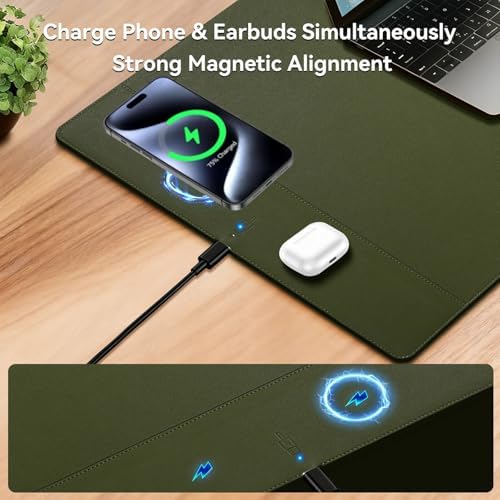 Wireless Charging Mouse Pad, 15W Fast Charge Magnetic Charger Desk Pad, Large Office Desk Mat (35.4"x16.9") with Ultra-Smooth Surface, Military Green Computer Mousepad for MacBook, PC, Laptop - Image 3