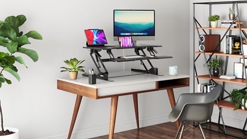 Mount-It! 38 Inch Standing Desk Converter - Gas Spring Sit Stand Desk Riser for Dual Monitors - Height Adjustable Desktop Workstation with Keyboard Tray - Black - Image 4