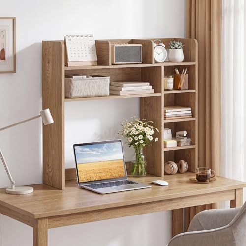 Tangkula Desktop Bookshelf with LED Lights, Desk Hutch with 8 Shelves for Max 25" Monitor, Desktop 5-Tier Display Rack, Multipurpose Wood Desktop Storage Hutch Organizer for Dorm Office Home (Natural) - Image 2