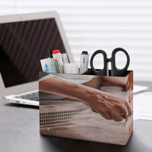 PU Leather Multi-Compartment Pen Holder Desktop Organizer Pencil Cup Storage Caddy for Office Home Supplies Hand of Man Take Cooking of Meat with Vegetable Grill Chef Cooking Wagyu Beef in Japanese Te - Image 5