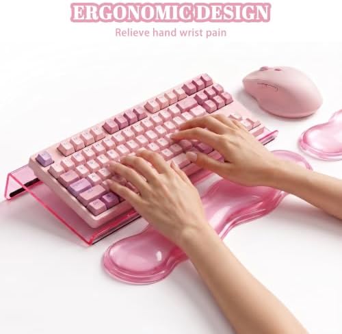 Computer Keyboard Stand Pad with Gel Wrist Rest Keyboard Pad Support with Comfortable Wrist Pad Easy Typing Ergonomic Tilted Acrylic Transparent Keyboard Riser Holder for Desktop Office Home Pink - Image 4