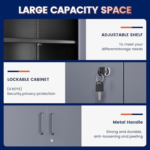 Yizosh Metal Storage Locking Cabinet with 4 Doors and 2 Adjustable Shelves,71" Lockable Garage Tall Steel Cabinet,for Home Office,Living Room,Pantry,Gym,Commercial Storage (Gray Black) - Image 4